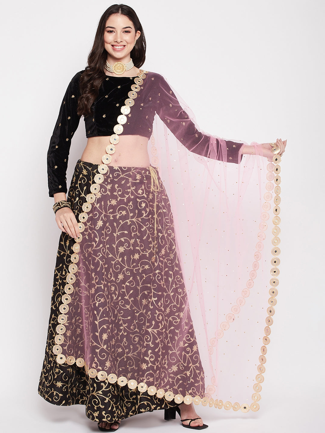 Clora Baby Pink Embellished Net Dupatta with Sequinned