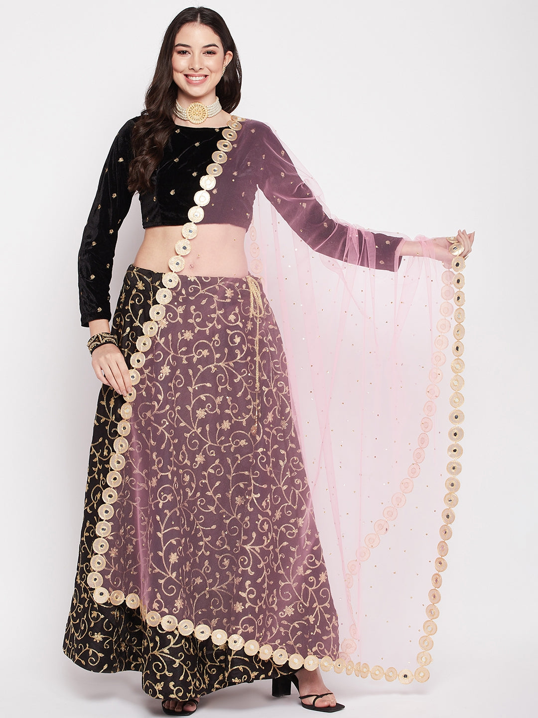 Baby Pink Embellished Net Dupatta with Sequinned Border