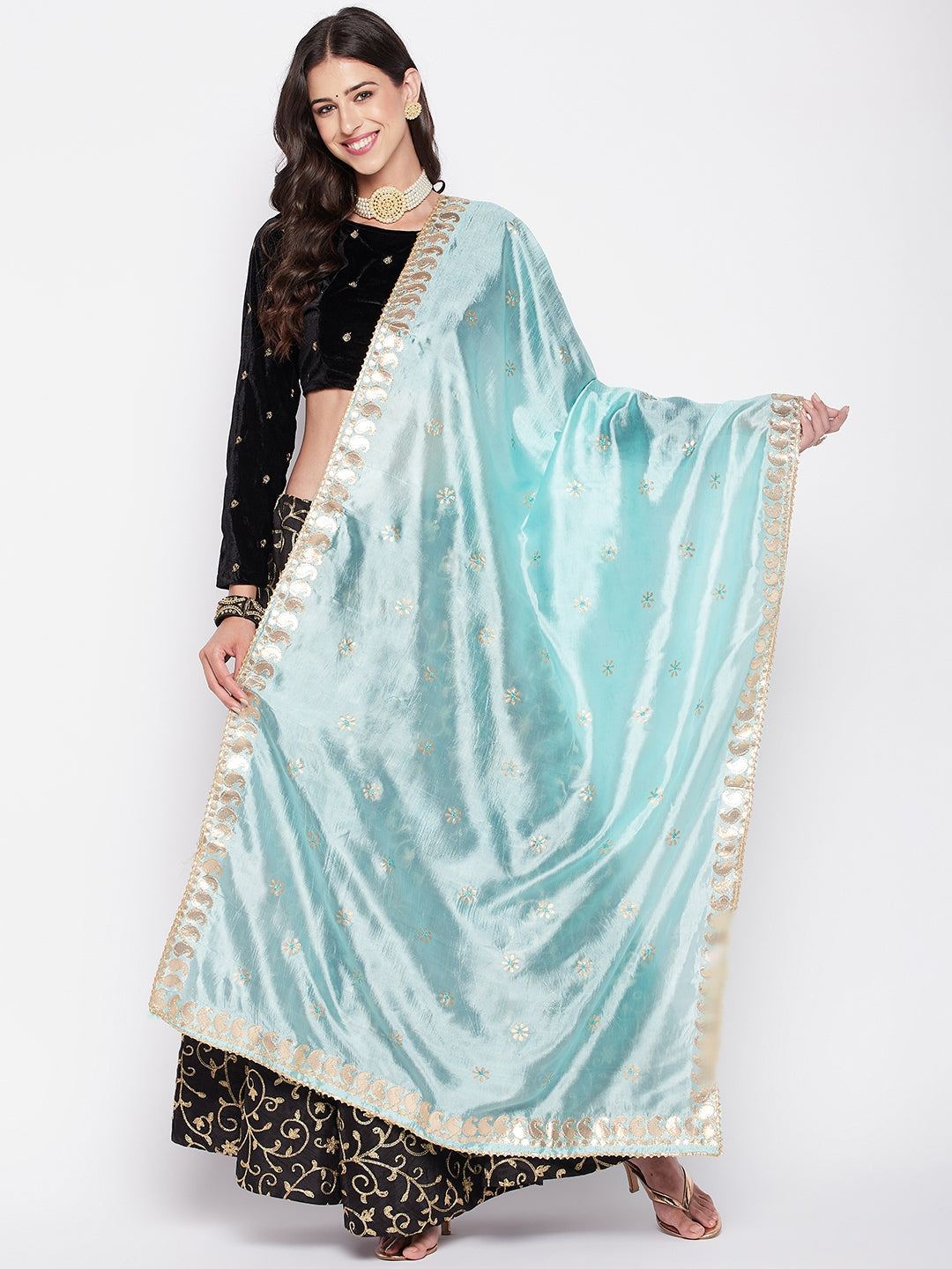 Sky Blue Gotta Patti Silk Blend Dupatta with embellished border.