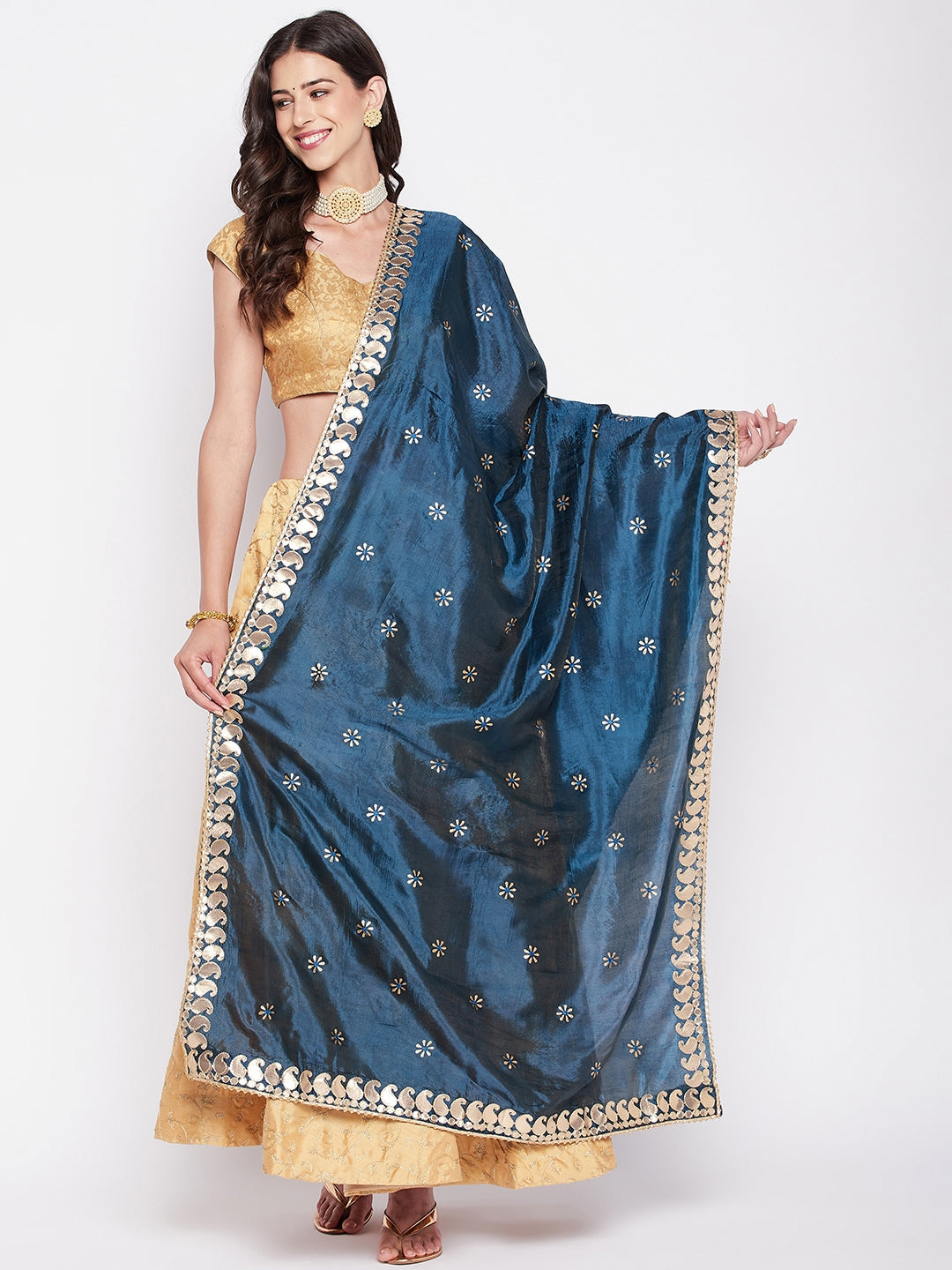 Peacock Blue Gotta Patti Silk Blend Dupatta