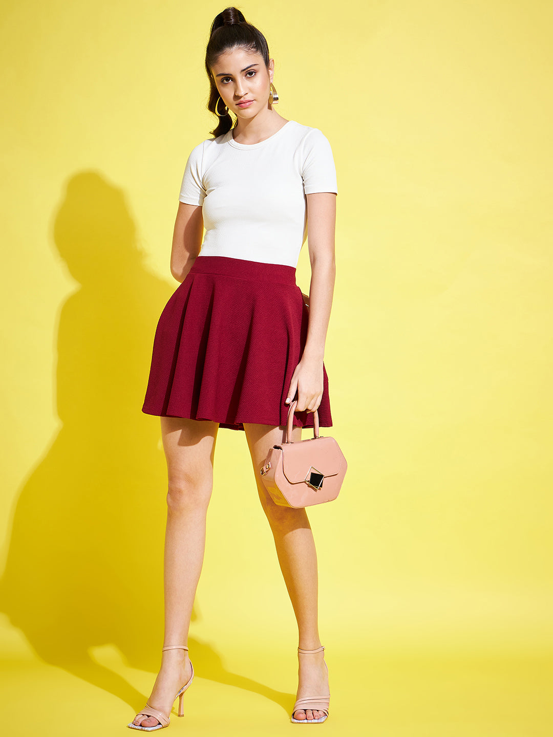 Maroon Solid Flared Mini Skirt