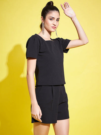 Black solid V-neck regular fit top with half sleeves.
