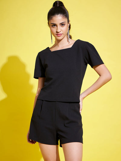 Black self-design top and shorts co-ords set with V-neck and short sleeves.