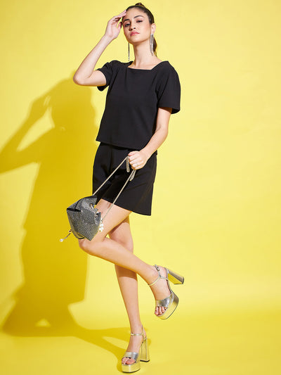 Black self-design top with shorts co-ords set, featuring a V-neck and short sleeves.
