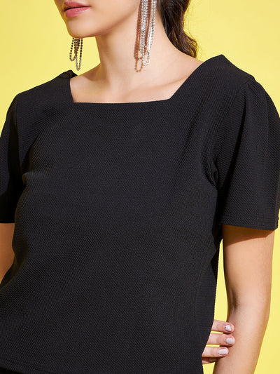 Black self-design V-neck top with short sleeves.