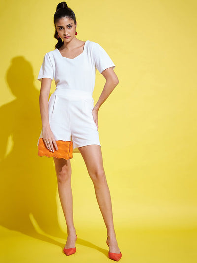 White self-design top with shorts co-ords set, featuring a V-neck and short sleeves, paired with mid-rise shorts with an elastic waistband.