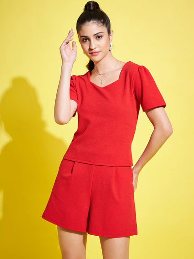 Red Self Design Top with Short Co-ords Sets