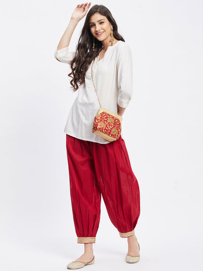 Maroon Embellished Afghani Salwar with elastic waistband and drawstring.