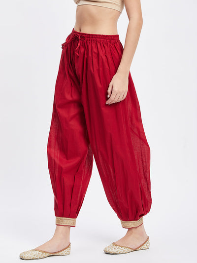 Maroon Embellished Afghani Salwar with elasticated waistband and drawstring.