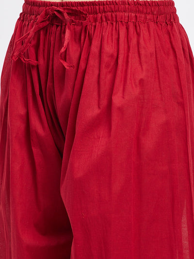 Maroon embellished Afghani salwar with elasticated waistband and drawstring.