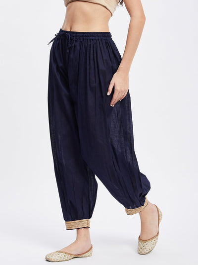 Navy Blue Embellished Afghani Salwar with Elasticated Waistband