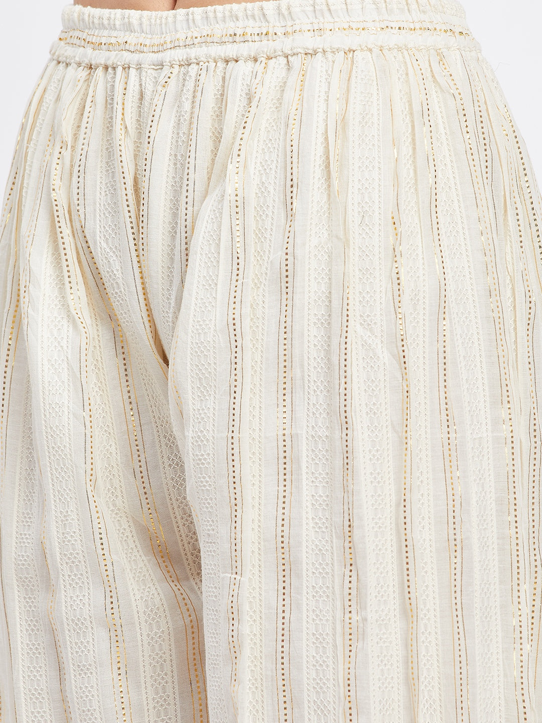Off-White Embellished Golden Self Design Afghani Salwar with Elasticated Waistband and Drawstring.