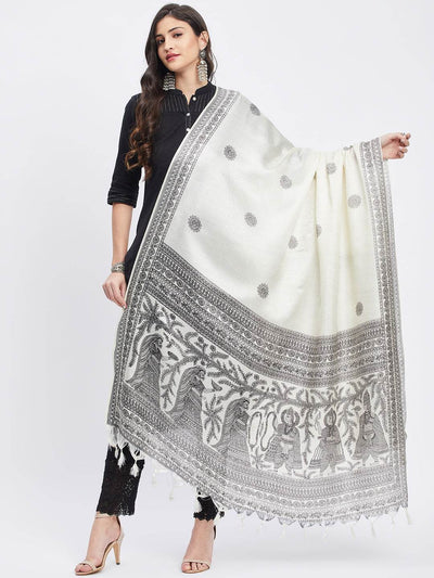 Black & White Printed Silk Blend Dupatta with Tasselled Border