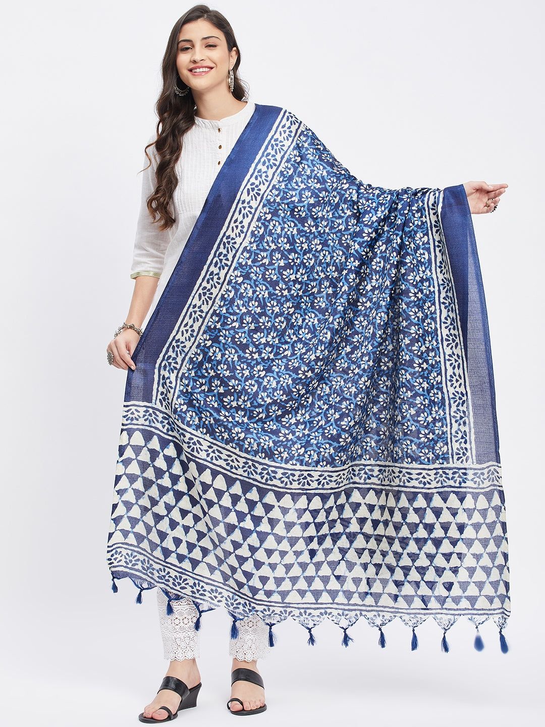 Indigo Printed Silk Blend Dupatta with Tasselled Border