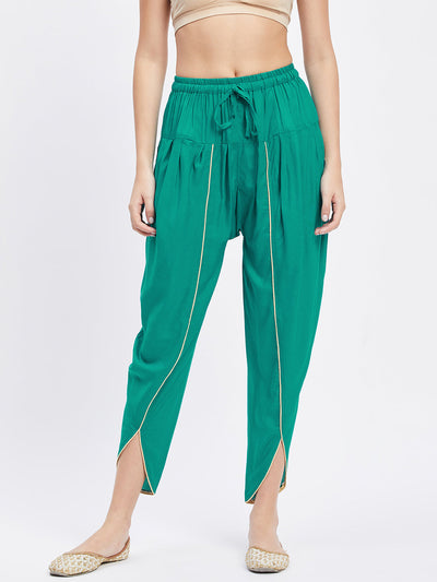 Rama Green Solid Rayon Tulip Pant with elasticated waistband and side pocket.