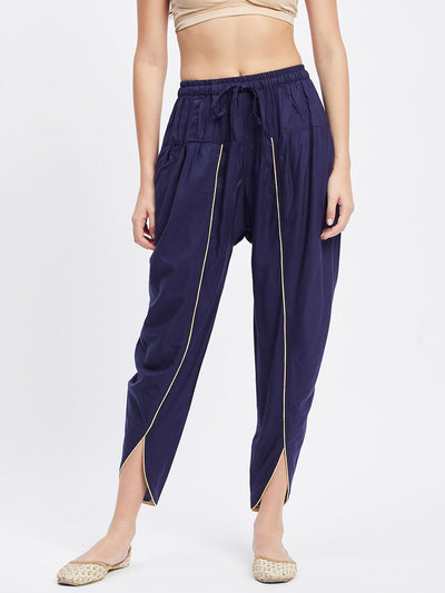 Navy Blue Solid Rayon Tulip Pant