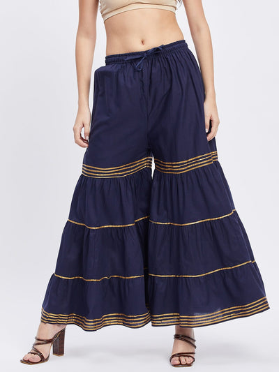 Navy Blue Gotta Patti Cotton Gharara with elasticated waistband and flared hem.