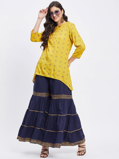 Navy blue cotton gharara with gotta patti detailing and elasticated waistband.