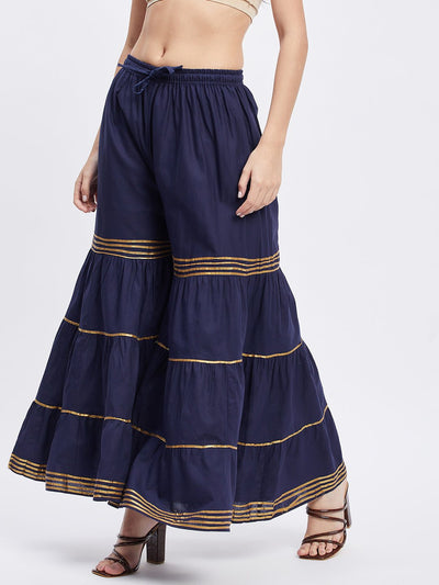 Navy blue gotta patti cotton gharara with elasticated waistband and flared hem.
