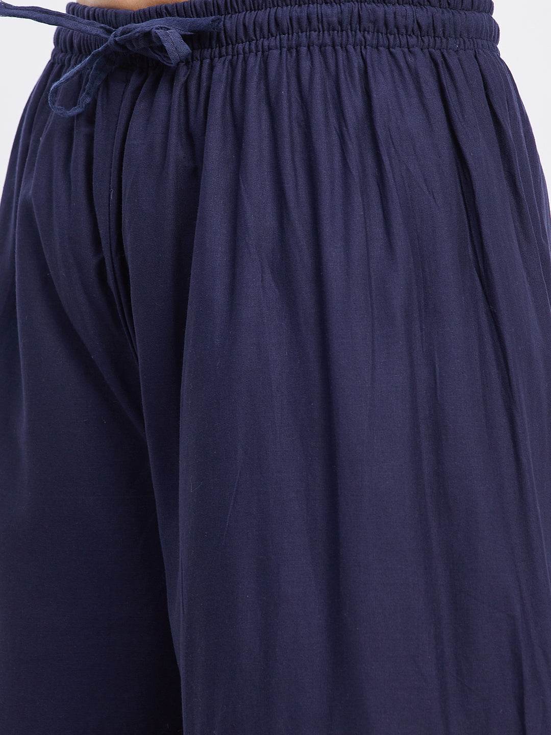 Navy blue cotton gharara with Gotta Patti detailing, elasticated waistband, and flared hem.