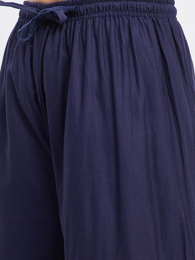 Navy blue cotton gharara with Gotta Patti detailing, elasticated waistband, and flared hem.