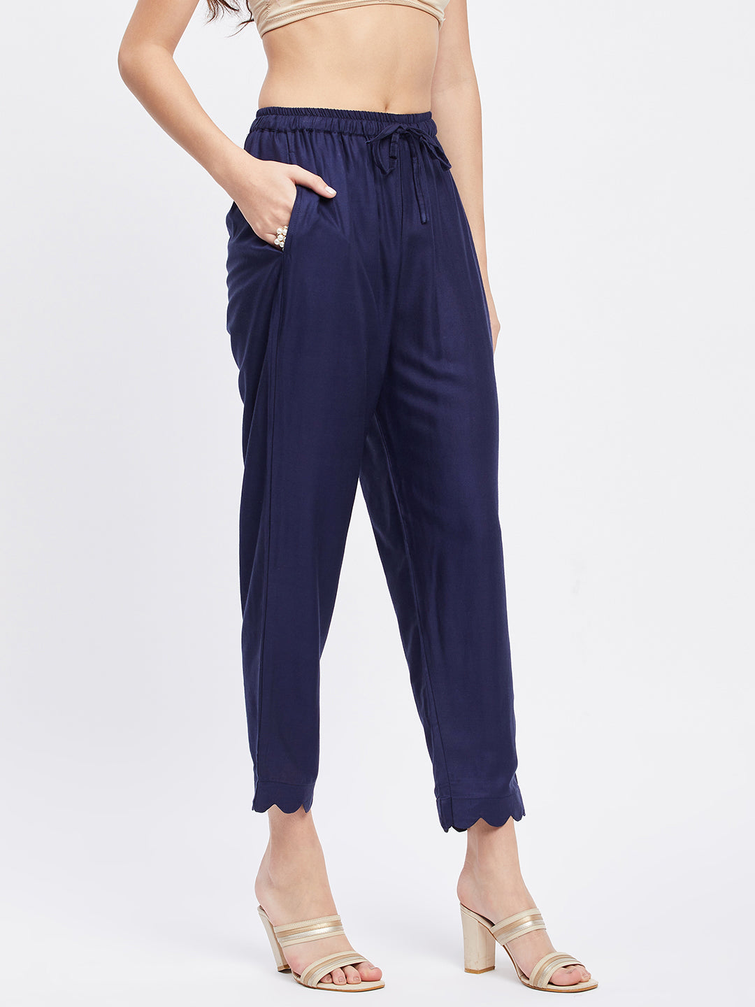 Navy Blue Solid Rayon Straight Palazzo