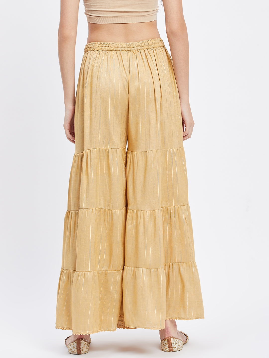 Fawn Embellished Lurex Flared Gharara with elasticated waistband and drawstring.