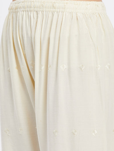 Cream Chikankari solid narrow palazzo with elasticated waistband and drawstring.