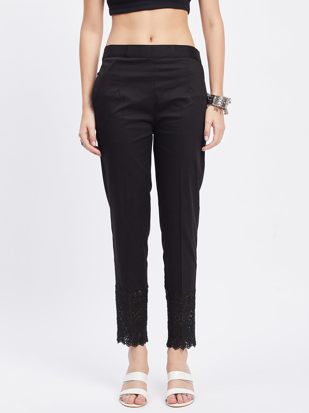 Black Solid Hem Design Straight Trouser