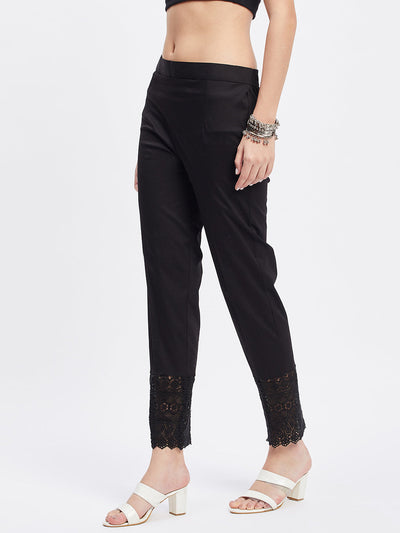 Black Solid Hem Design Straight Trouser