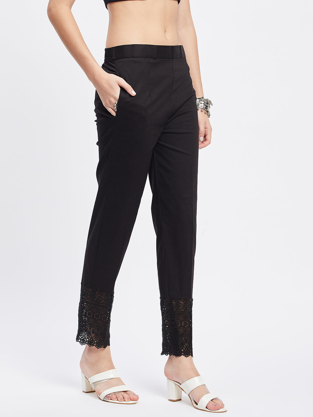 Black Solid Hem Design Straight Trouser