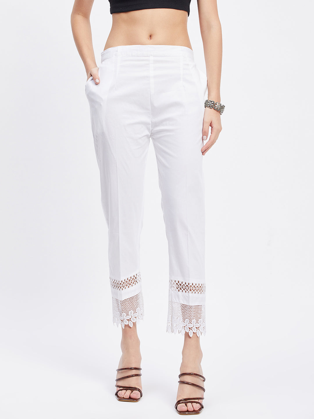 White Solid Hem Design Straight Trouser