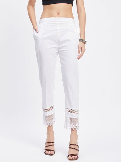 White solid hem design straight trouser with elasticated waistband.