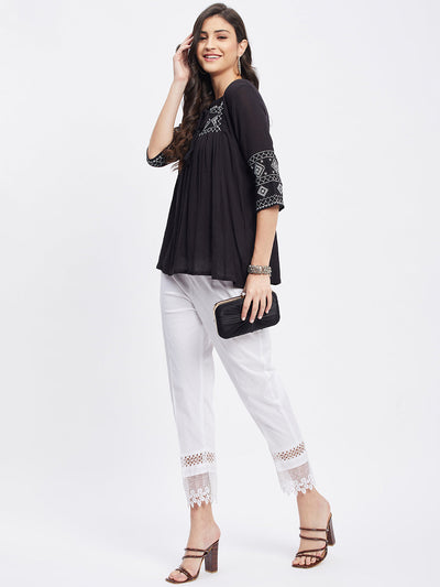 White solid hem design straight trouser with hoisery lace and elastic waistband.