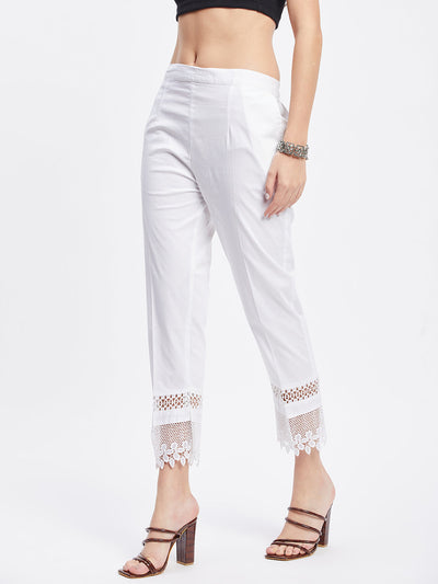White solid hem design straight trouser with lace detail and elastic waistband.