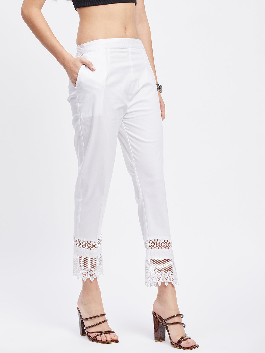 White Solid Hem Design Straight Trouser