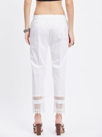 White solid hem design straight trouser with lace details and elastic waistband.