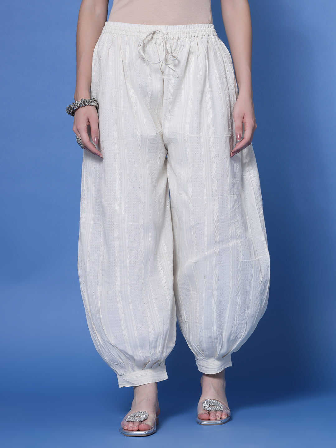 Off-White Self Design Cotton Loose Fit Afghani Salwar
