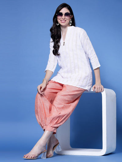 Peach self-design cotton loose fit Afghani salwar with elasticated waistband.
