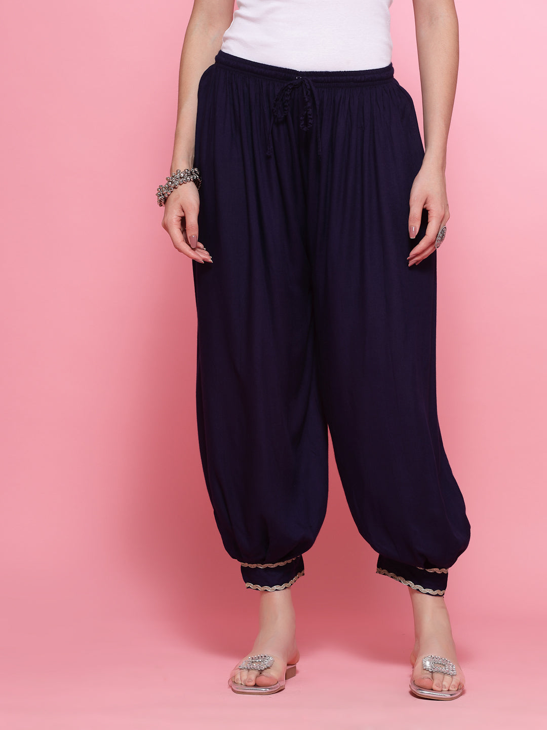 Navy Blue Embellished Hem Design Loose Fit Afghani Salwar