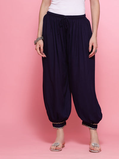 Navy Blue Embellished Hem Design Loose Fit Afghani Salwar
