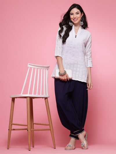 Navy Blue Embellished Hem Design Loose Fit Afghani Salwar