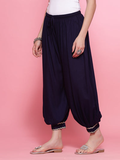 Navy Blue Embellished Hem Design Loose Fit Afghani Salwar