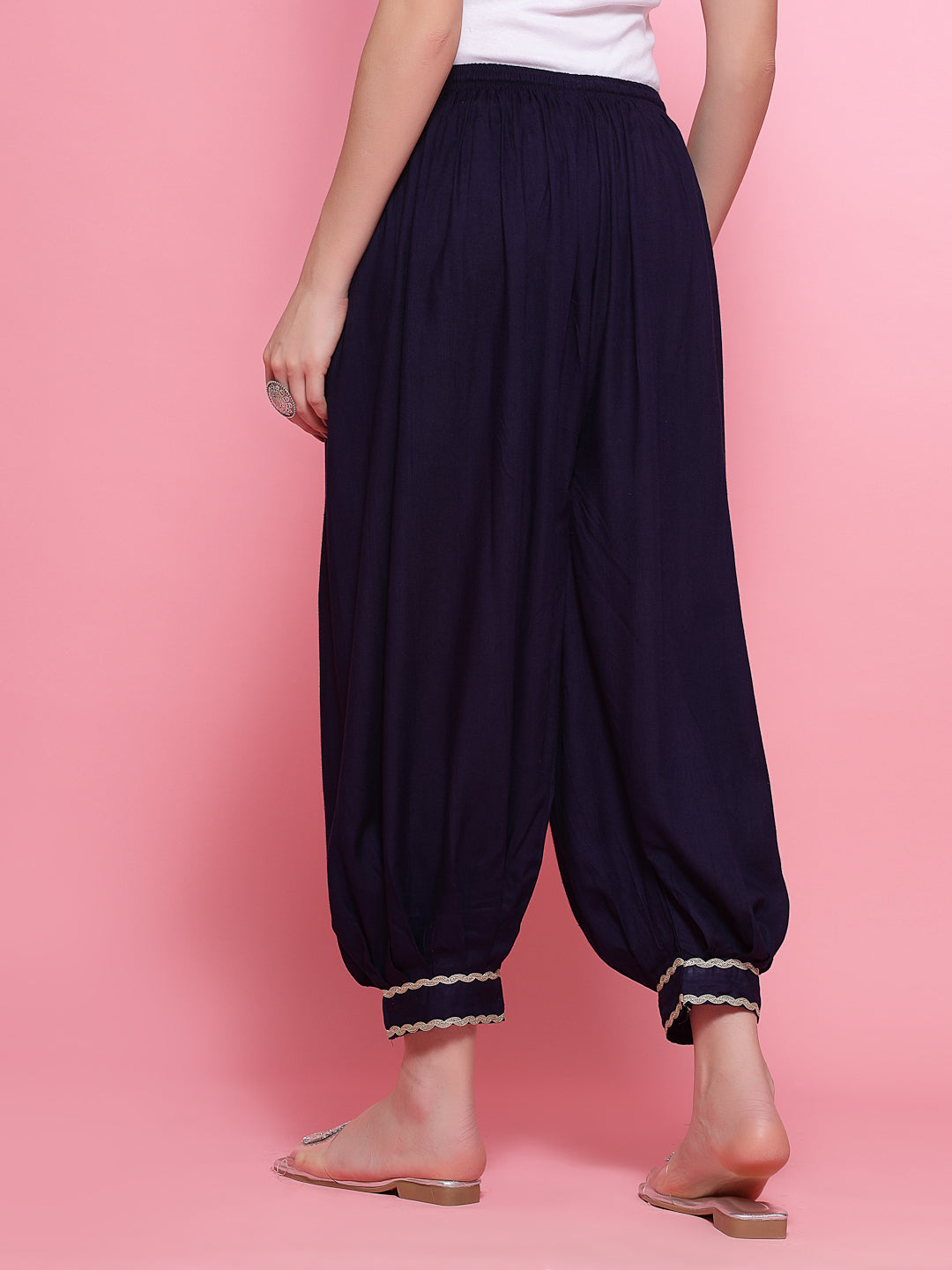 Navy Blue Embellished Hem Design Loose Fit Afghani Salwar