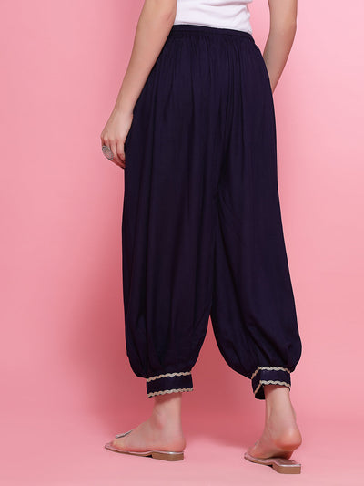 Navy Blue Embellished Hem Design Loose Fit Afghani Salwar