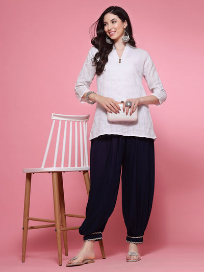 Navy Blue Embellished Hem Design Loose Fit Afghani Salwar