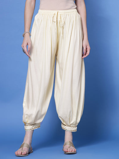 Cream Embellished Hem Design Loose Fit Afghani Salwar with elastic waistband and drawstring.