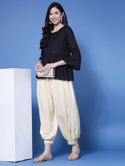 Cream embellished hem design loose fit Afghani salwar with elasticated waistband and drawstring.