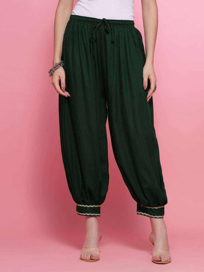 Bottle Green Embellished Hem Design Loose Fit Afghani Salwar