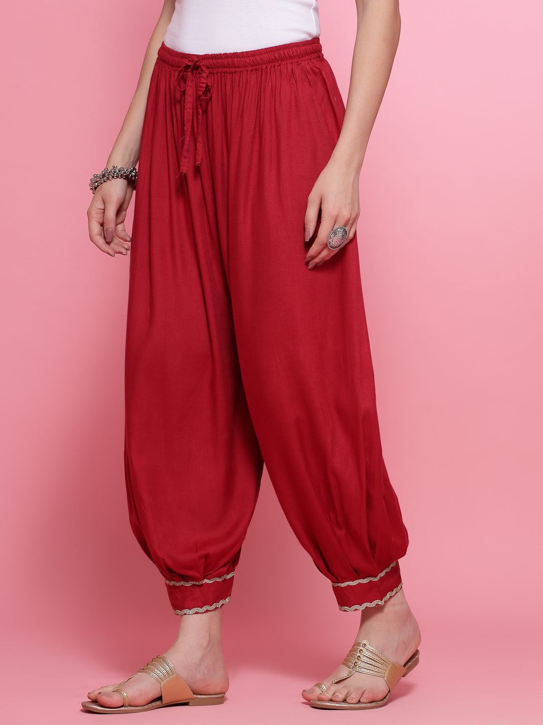 Maroon Embellished Hem Design Loose Fit Afghani Salwar with elasticated waistband.